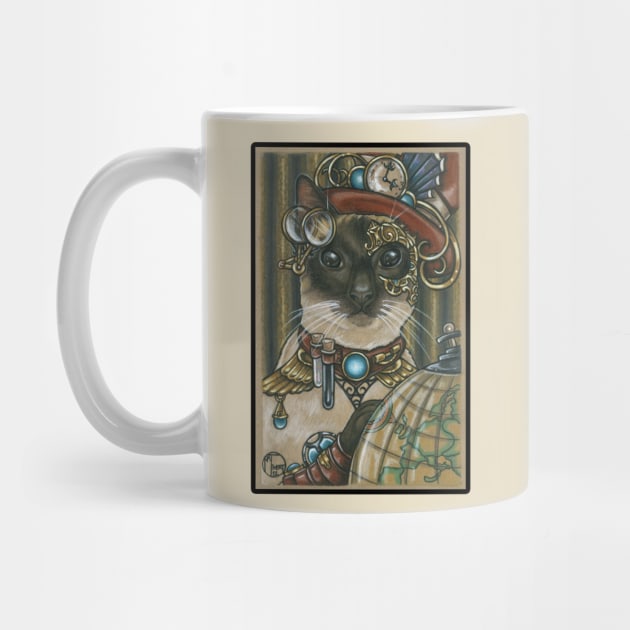 Steampunk Cat Traveler - Siamese Cat - Black Outlined Version by Nat Ewert Art